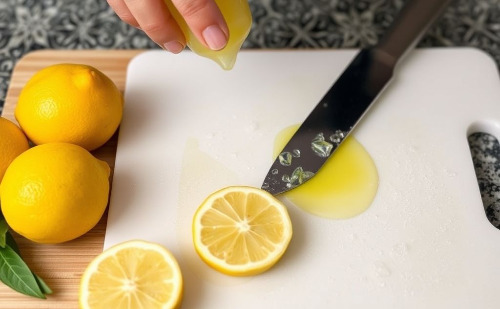 A cutting board being cleaned with lemon juice and fresh lemons.