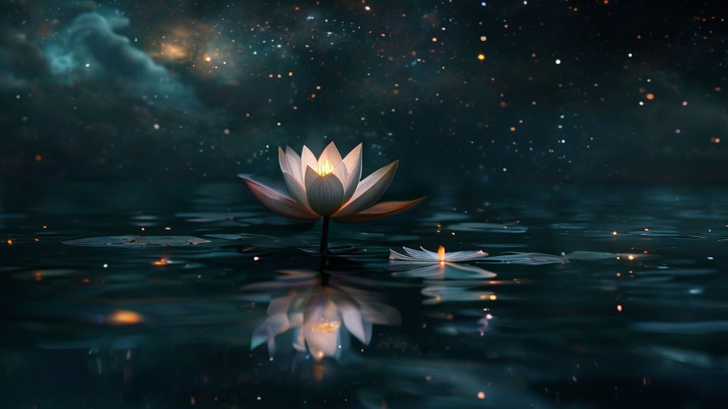 A dark, starry sky reflecting in still, obsidian water. A single, luminous lotus flower blooms, emitting soft, ethereal light, symbolizing a fresh start in the darkness. Mystic, 4k, cinematic.