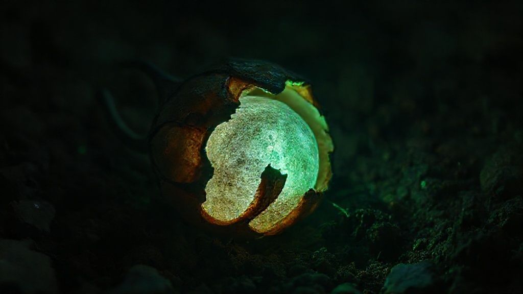 A decaying seed, bioluminescent in earthy darkness. Pressure crushes; light bursts from within. Mystic, ethereal, 4k. Cinematic shadows, rich browns, and glowing emeralds.