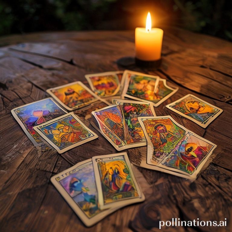 A deck of tarot cards spread out on a wooden table, with a single candle lit in the background.
