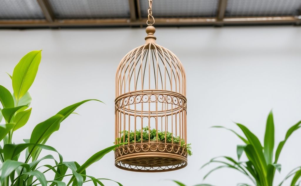 A decorative birdcage suspended from a ceiling with plants around it.