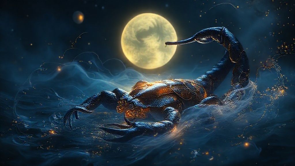 A deep indigo Scorpio spirit, glowing softly, whispers secrets to a fiery heart, bathed in ethereal moonlight. Whispers weave around, golden and silver, representing connections.