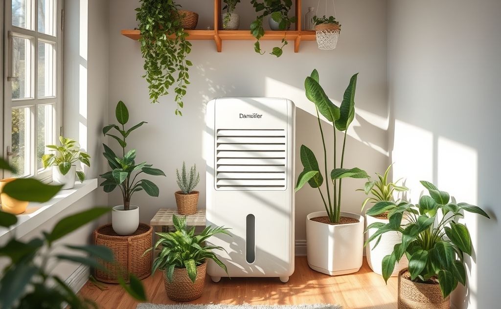 A dehumidifier in a cozy room with plants and sunlight.