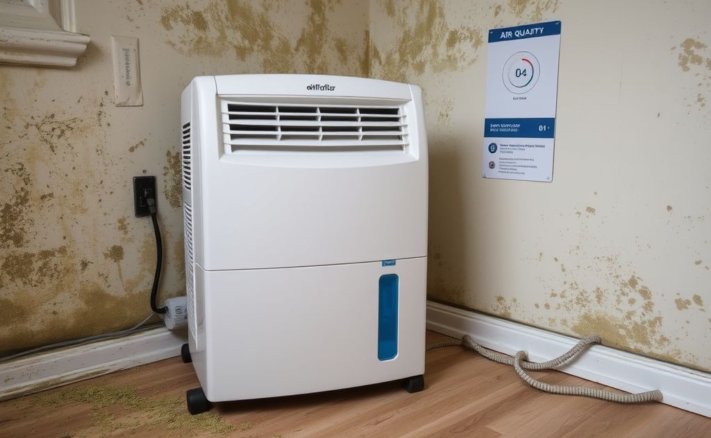A dehumidifier in a room with moldy surfaces and air quality indicators.