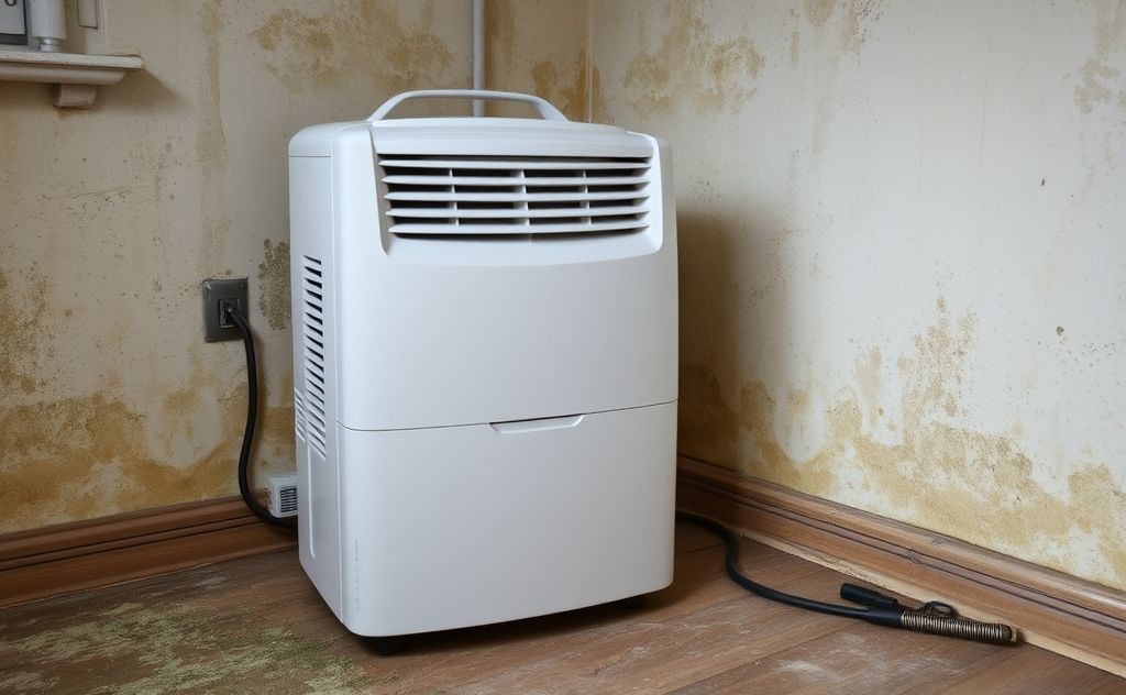 A dehumidifier in a room with moldy surfaces and moisture.