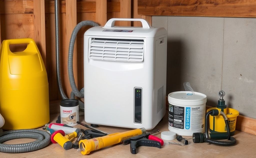 A dehumidifier surrounded by essential maintenance tools.