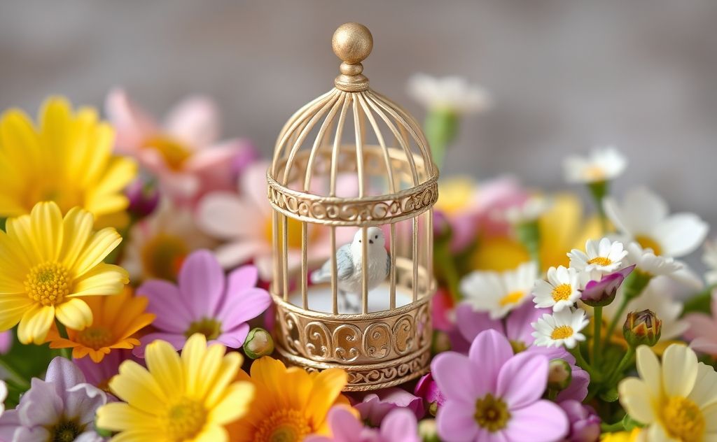 A delicate miniature birdcage surrounded by colorful flowers.