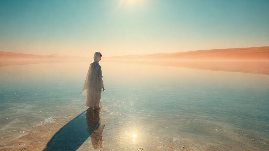 A desert mirage shimmering with light. A spectral figure, half-visible, gazes at reflections within the illusory water, their form distorted by heat haze, hinting at fleeting truths. Ethereal blues, oranges, and golds.