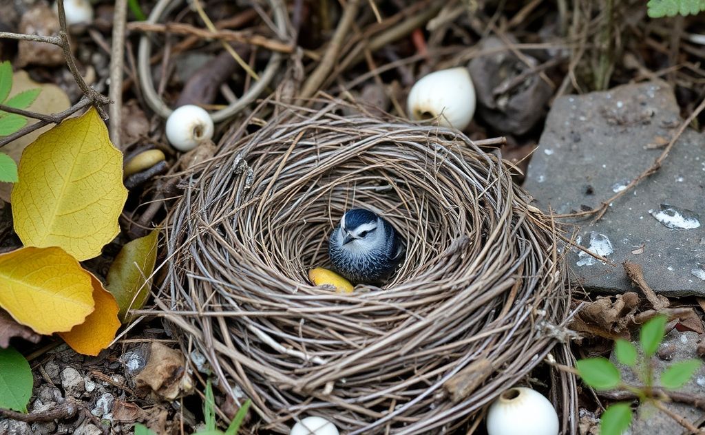 A deserted bird nest surrounded by changing environmental elements.