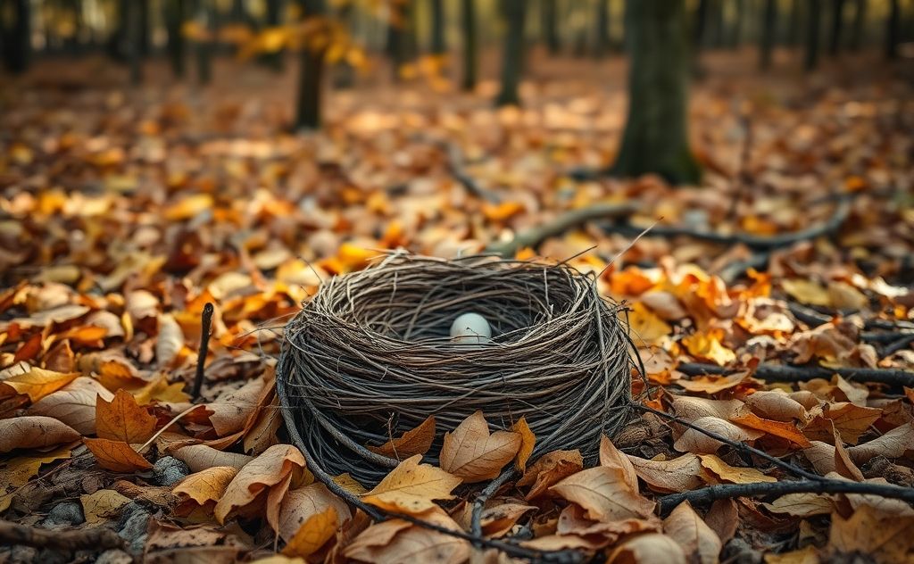 A deserted bird nest surrounded by fallen leaves and twigs.