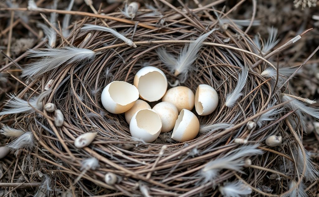 A deserted bird nest with scattered feathers and empty eggshells.