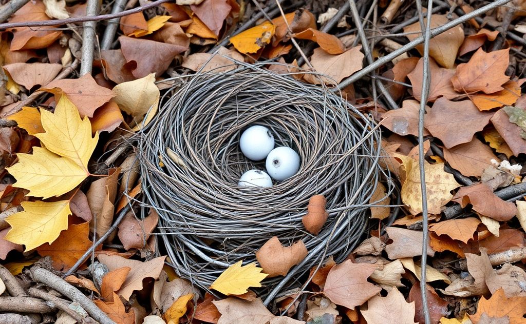 A deserted bird's nest surrounded by fallen leaves and twigs.