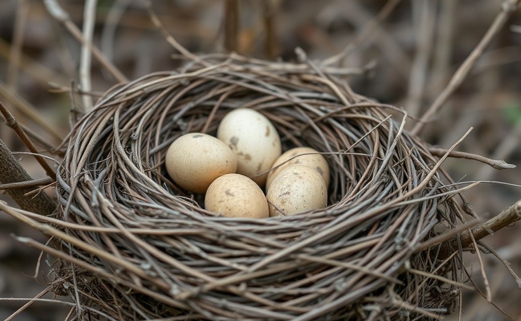 A deserted bird's nest with abandoned eggs nestled inside.