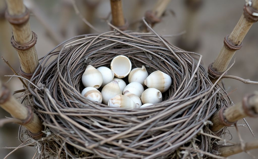 A deserted bird's nest with empty shells and no adult birds nearby.