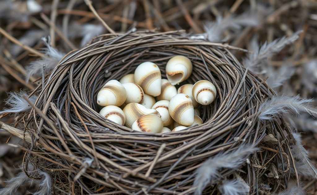 A deserted bird's nest with empty shells and scattered feathers.