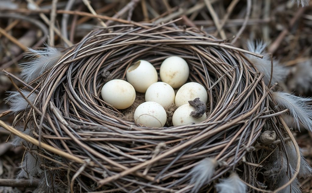 A deserted bird's nest with unhatched eggs and fallen feathers.