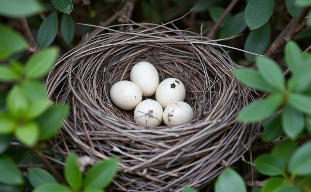 A deserted bird's nest with unhatched eggs surrounded by foliage.