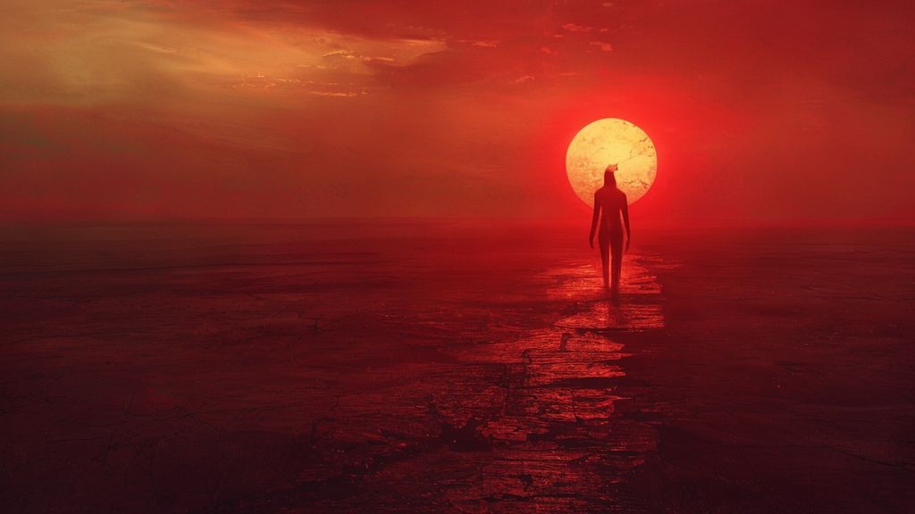 A desolate, crimson landscape under a dying sun. A fractured soul, represented as a translucent, fading form, wanders an endless, barren path. Cinematic lighting. Mystic style, 4k.