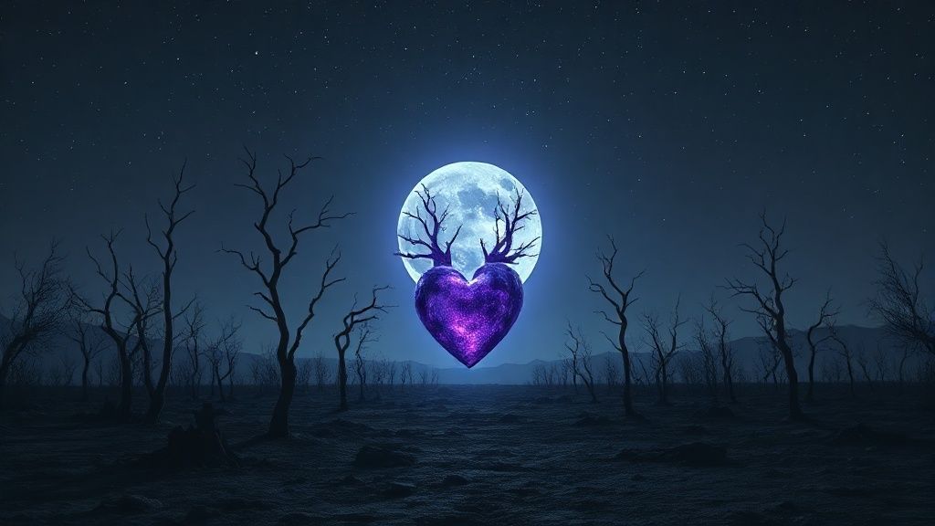 A desolate, moonlit landscape. A fractured heart of obsidian, radiating a dim, violet glow. Barren trees reach skeletal branches towards a sky devoid of stars, reflecting the brutal hopelessness of lost love.