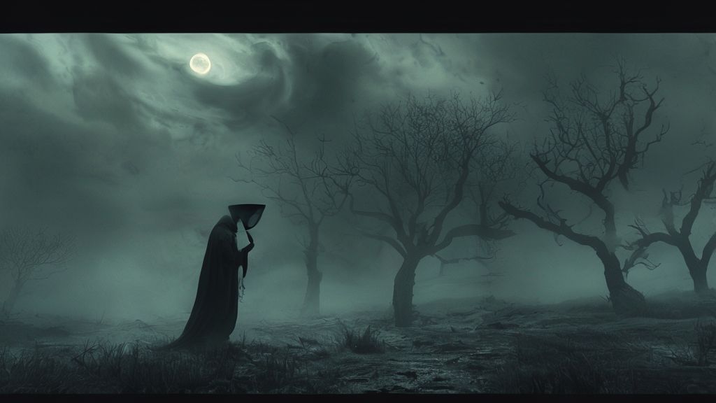 A desolate, moonlit landscape. A lone, spectral figure, dissolving into shadows, clutching an empty, obsidian chalice. Barren trees against a swirling, grey sky. Mystic, ethereal, 4k, cinematic.