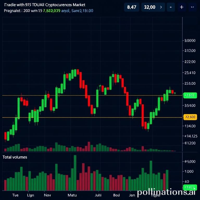 A complex TradingView chart displaying cryptocurrency market trends with green and red candlesticks and volume indicators, illustrating recent market fluctuations.