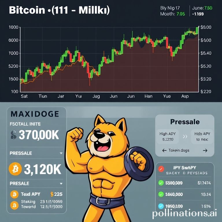Grafik performa Bitcoin selama 1 bulan terakhir menunjukkan tren naik, di samping rincian presale Maxi Doge yang menampilkan kemajuan penggalangan dana, harga token saat ini, dan imbal hasil staking yang tinggi.