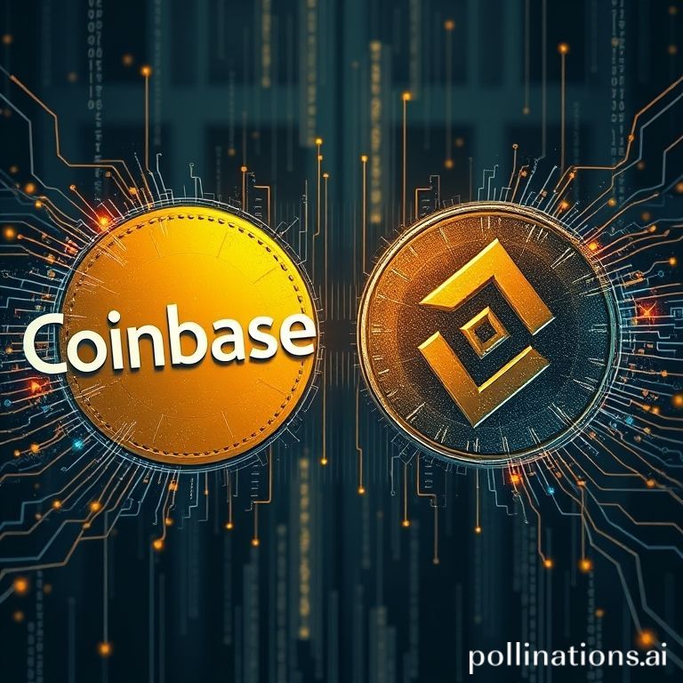 A digital representation of two major cryptocurrency exchanges, Coinbase and Binance, engaged in a competitive struggle, with underlying technological vulnerabilities subtly hinted.