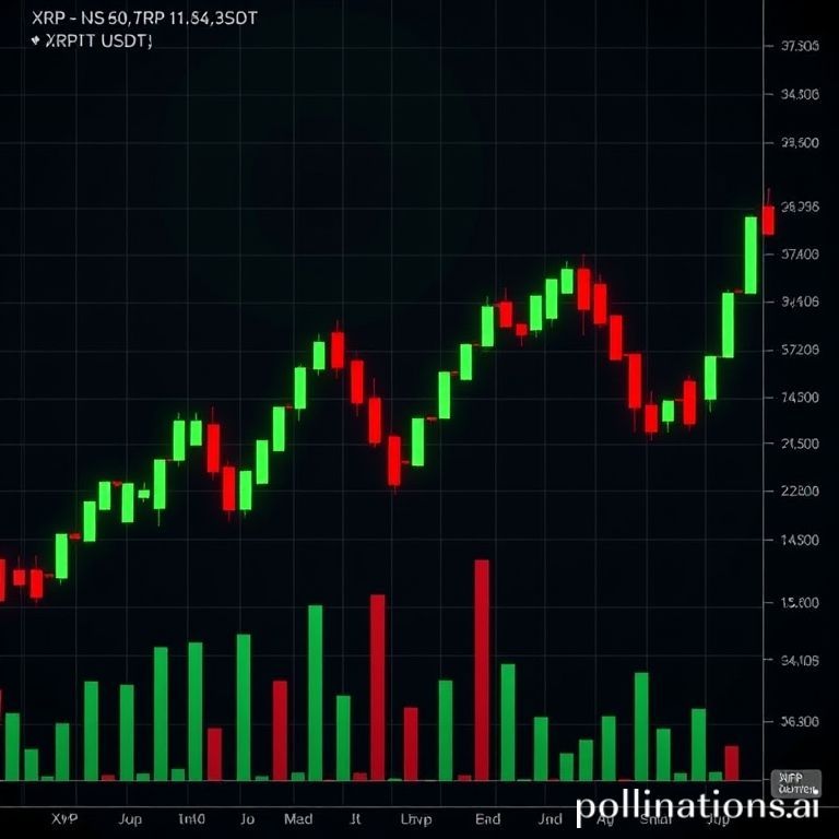 An XRP price chart showing candlestick patterns and trading volume, reflecting recent market activity for the cryptocurrency.