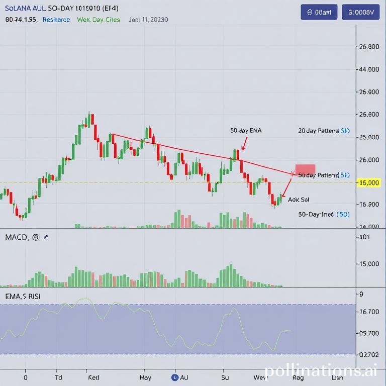 Grafik analisis harga Solana (SOL) menunjukkan lilin harga, EMA 50 & 20 hari, indikator MACD, dan RSI, menandai momen krusial di pasar kripto.