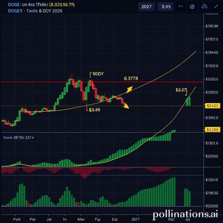 Dogecoin (DOGE) price chart showing a Golden Cross, $0.33 resistance, and a long-term target of $1, indicating bullish momentum.