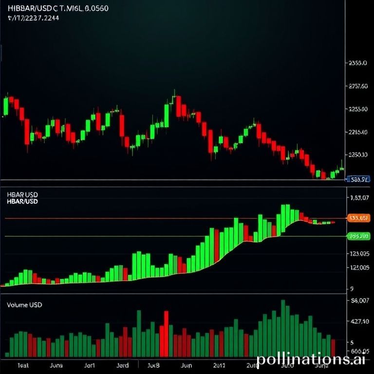 TradingView chart illustrating HBAR/USD price movements, showing candlestick patterns and volume spikes reflecting recent volatility and recovery.
