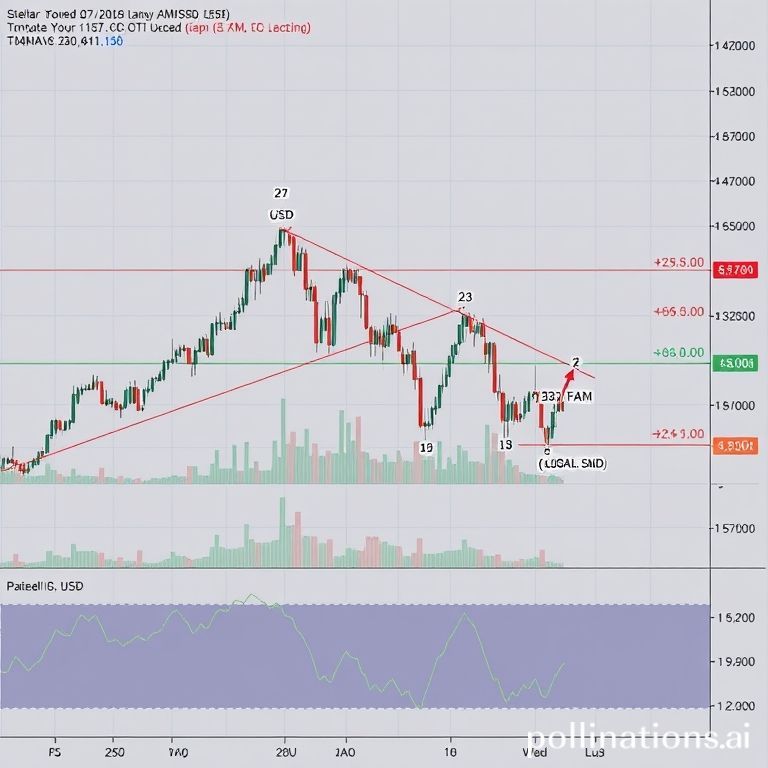 An intricate candlestick chart illustrating Stellar (XLM) price movements, showcasing critical support at $0.37, potential resistance at $0.48, and technical patterns suggesting a bullish breakout, vital for traders.