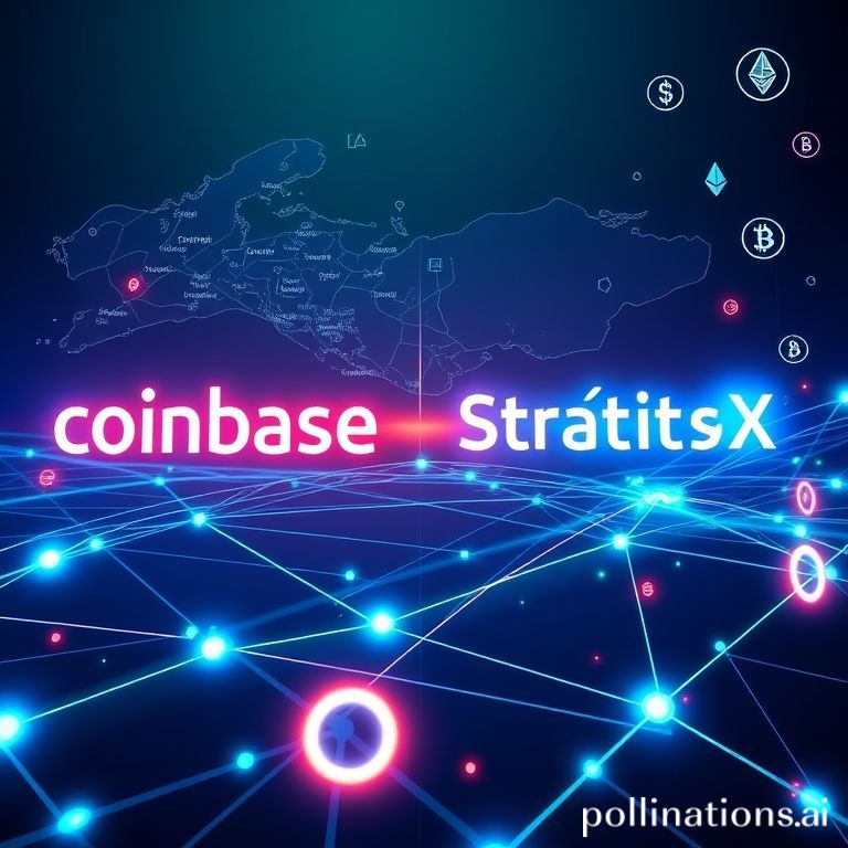 A vibrant digital illustration showing the Coinbase and StraitsX logos, symbolizing their partnership in launching the XSGD stablecoin for global trading.