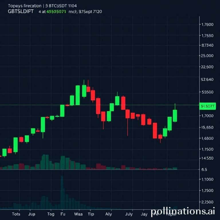 A detailed cryptocurrency candlestick chart for BTCUSDT, illustrating market trends, trading activity, and price fluctuations with green and red candles against a dark background, signifying the volatile nature of digital asset investments.