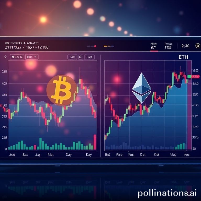 An intricate cryptocurrency chart showcasing Bitcoin and Ethereum price trends, indicating market stability and bullish potential for investors.