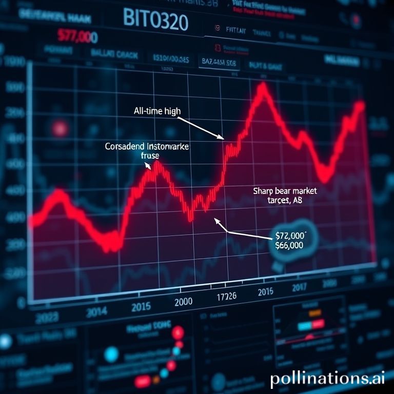 A detailed cryptocurrency trading chart showing Bitcoin's price trajectory with a projected sharp decline into a bear market.