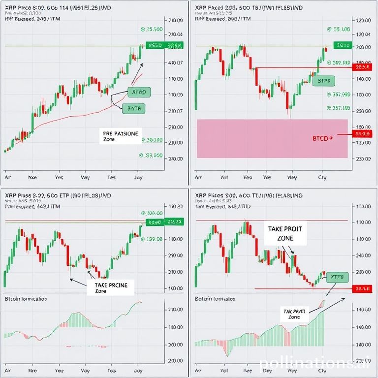 XRP price chart displaying monthly candlesticks, Fibonacci extensions, moving averages, and momentum indicators pointing to a $8.43-$13.58 profit target.