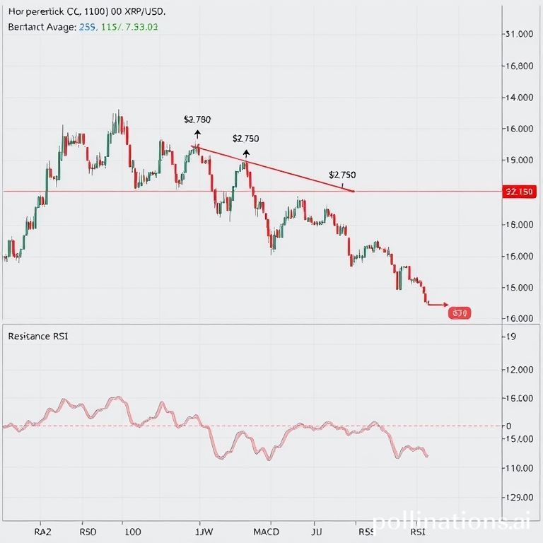An hourly candlestick chart of XRP/USD illustrating a bearish trend, with key support and resistance levels.