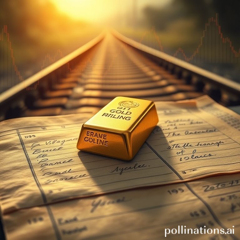 Gold bar on a financial ledger, with a train track in the background, symbolizing long-term wealth preservation.
