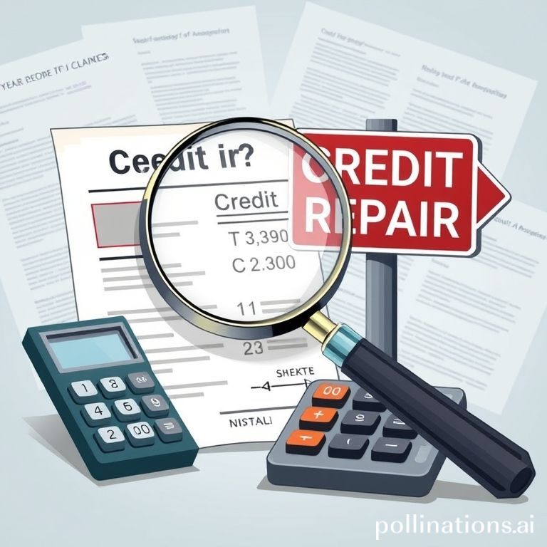 A calculator and magnifying glass placed beside a sign reading "Credit Repair," symbolizing financial review and dispute resolution for credit reports.