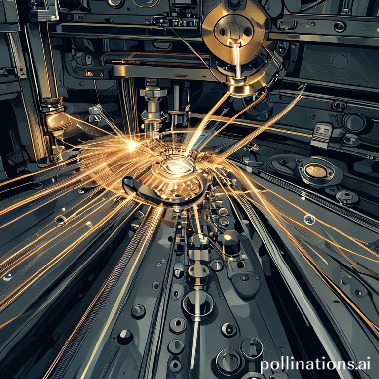 A detailed illustration of an EUV lithography machine, showing the complex optical path of the laser, the molten tin droplet generator, the series of perfectly reflective mirrors, the reticle (mask), and the silicon wafer being exposed. Annotations should explain each major component's function in carving patterns for advanced processor manufacturing.