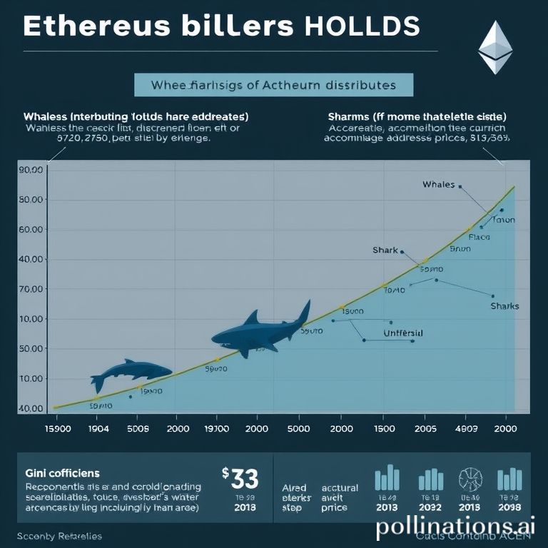 Chart on Ethereum market shifts: whales decline, sharks (10k-100k ETH) grow. Gini coefficient and realized price shown.