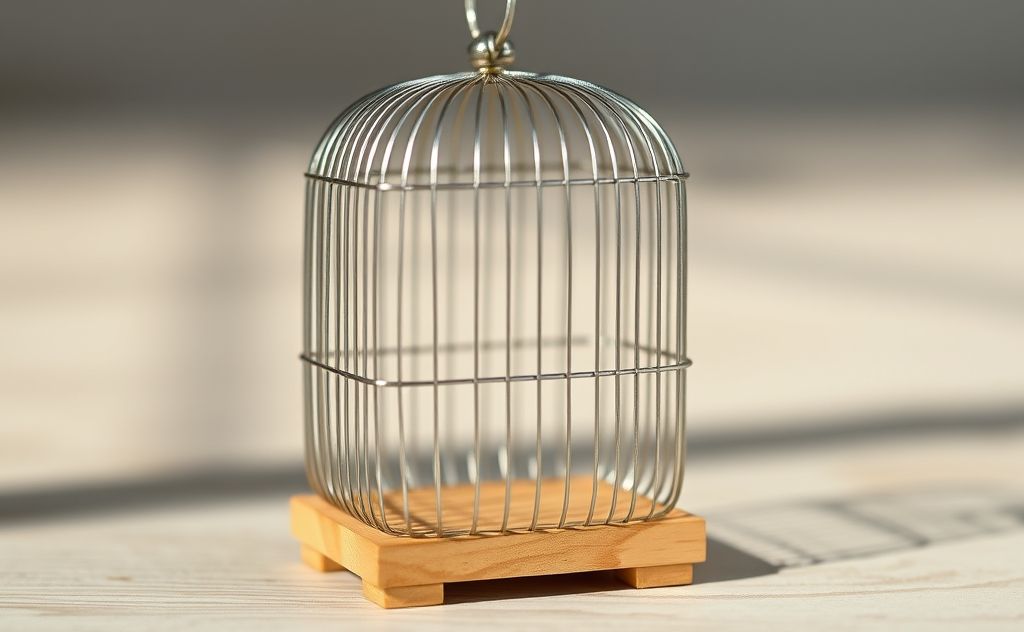 A detailed miniature birdcage made from thin metal wire and wood.