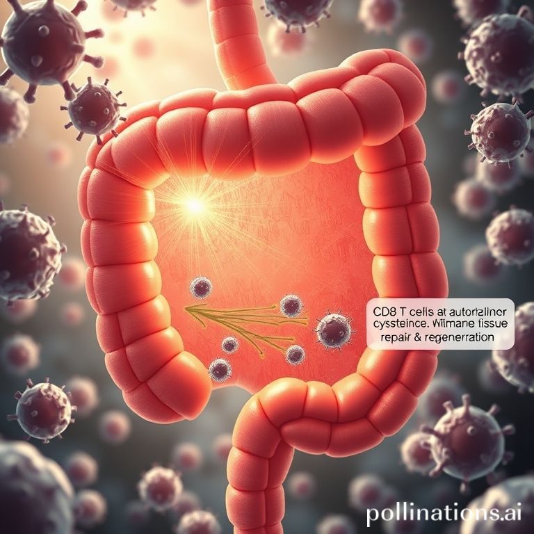 Ilustrasi ilmiah detail mekanisme cysteine dalam meregenerasi lapisan usus, menyoroti sel punca dan sel T CD8 yang aktif memproduksi IL-22.
