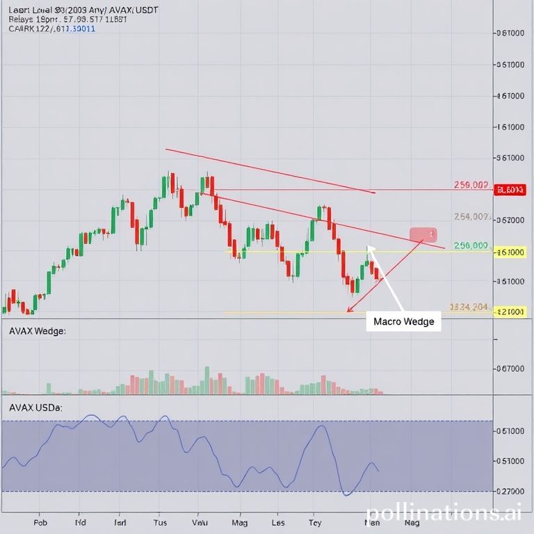 Avalanche (AVAX) price chart displaying daily candlesticks, volume bars, and key technical indicators highlighting resistance at $35-$38 and support at $30 within a macro wedge pattern.