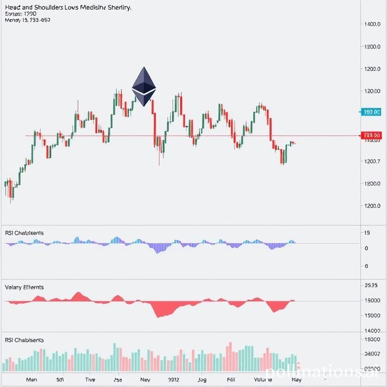 Ethereum 4-hour chart showing a complete Head and Shoulders bearish pattern, neckline break, and RSI divergence, signaling a potential price drop.