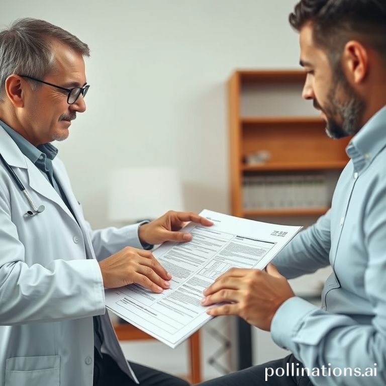 Doctor explaining health insurance policy details on a form to a patient, highlighting key factors for informed decisions.