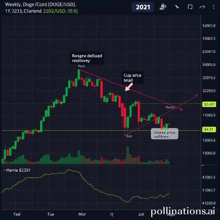 A weekly candlestick chart of Dogecoin (DOGE/USD) displaying a prominent cup and handle formation with a macro target.