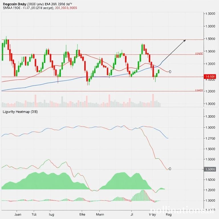 Grafik analisis teknikal Dogecoin menampilkan pola tren menurun, golden cross, dan peta likuiditas pasar kripto.