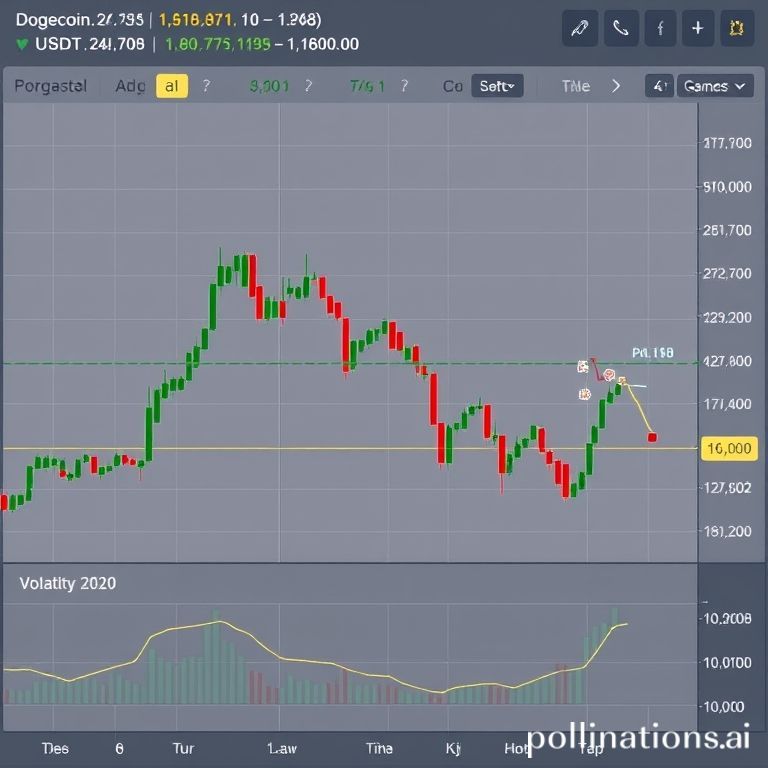A technical chart displaying Dogecoin (DOGE) price action over time, showing candles and trading volume.